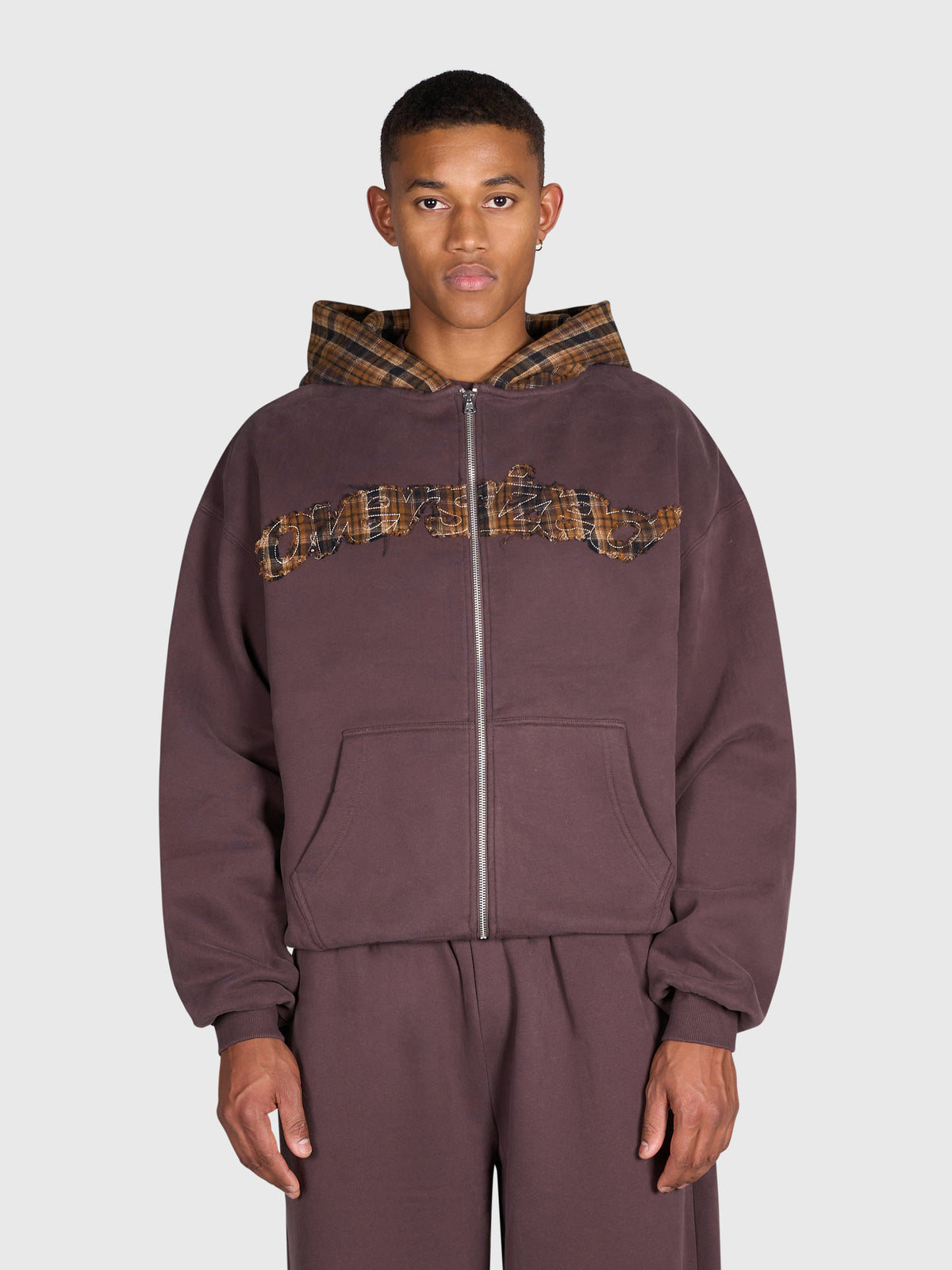 Tartan Appliqué Zip Hoodie - Brown/Brown