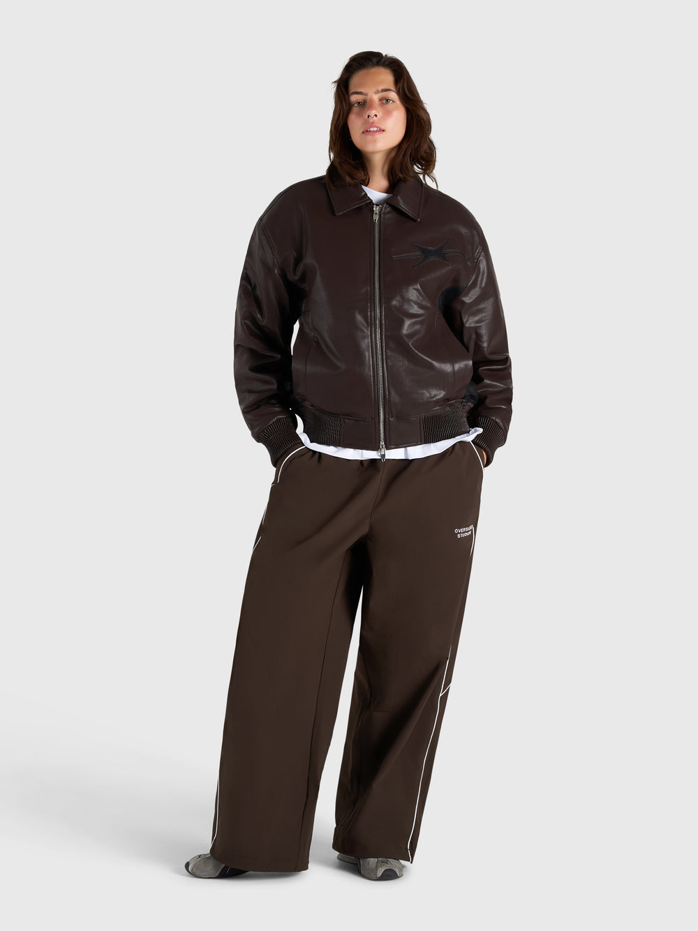 Faux Leather Bomber Jacket - Brown/Black