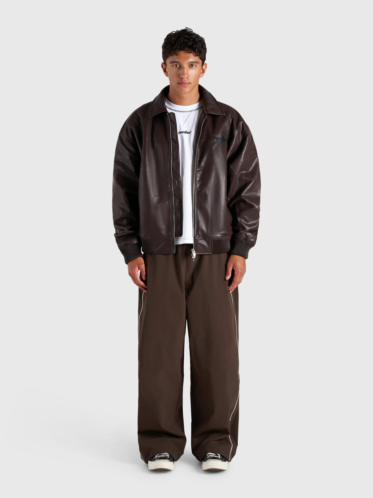 Faux Leather Bomber Jacket - Brown/Black
