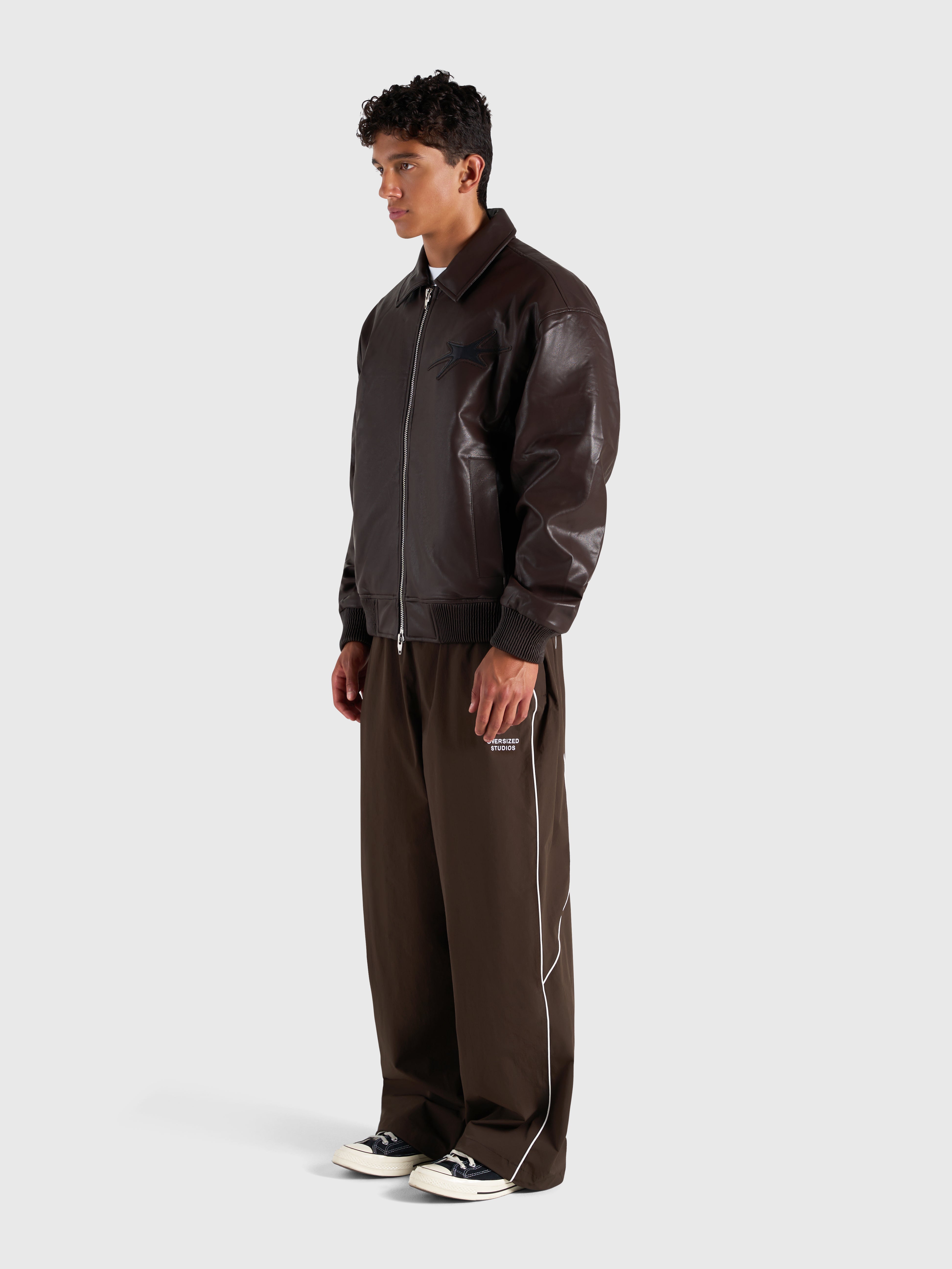 Faux Leather Bomber Jacket - Brown/Black