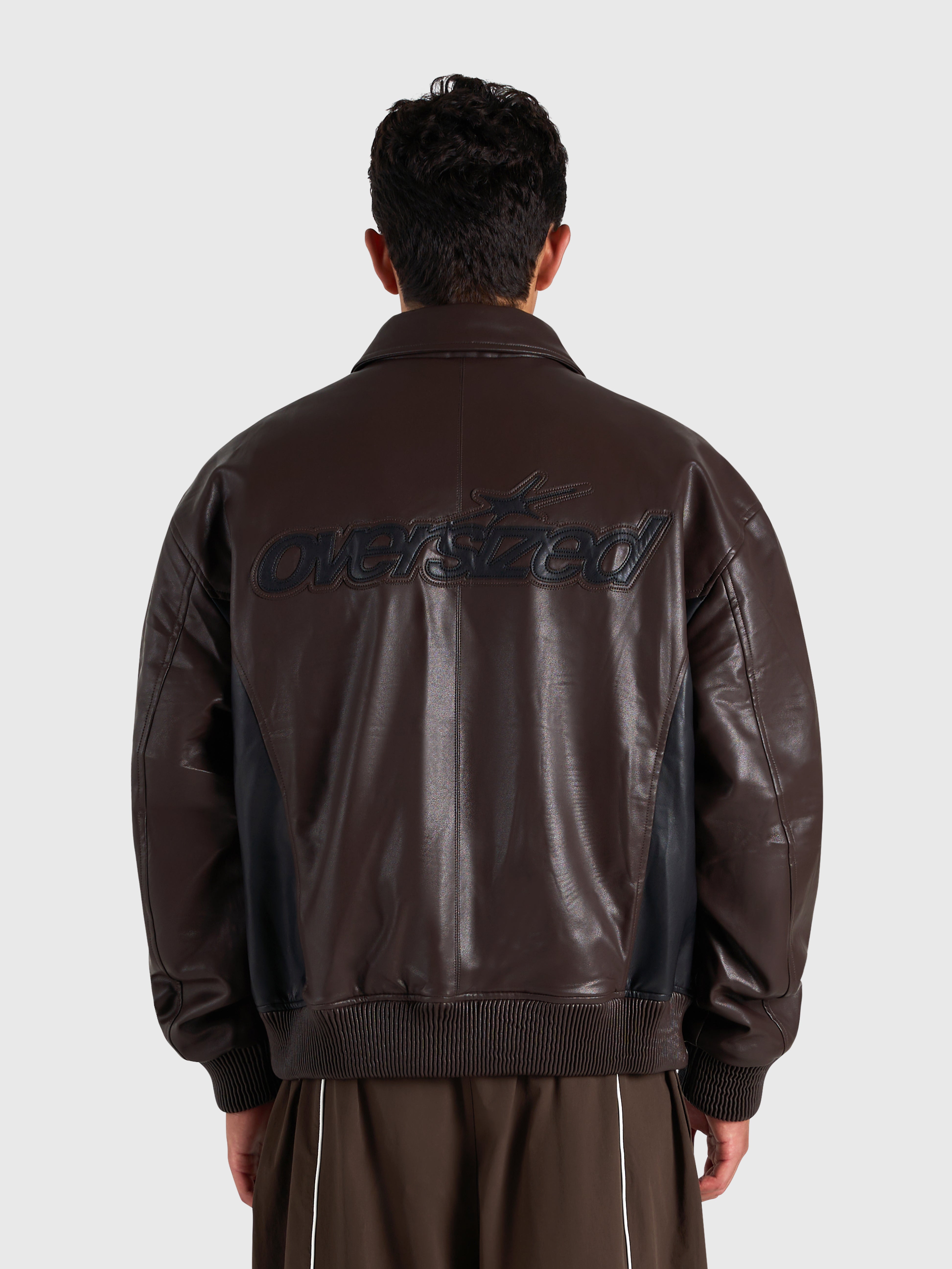 Faux Leather Bomber Jacket - Brown/Black