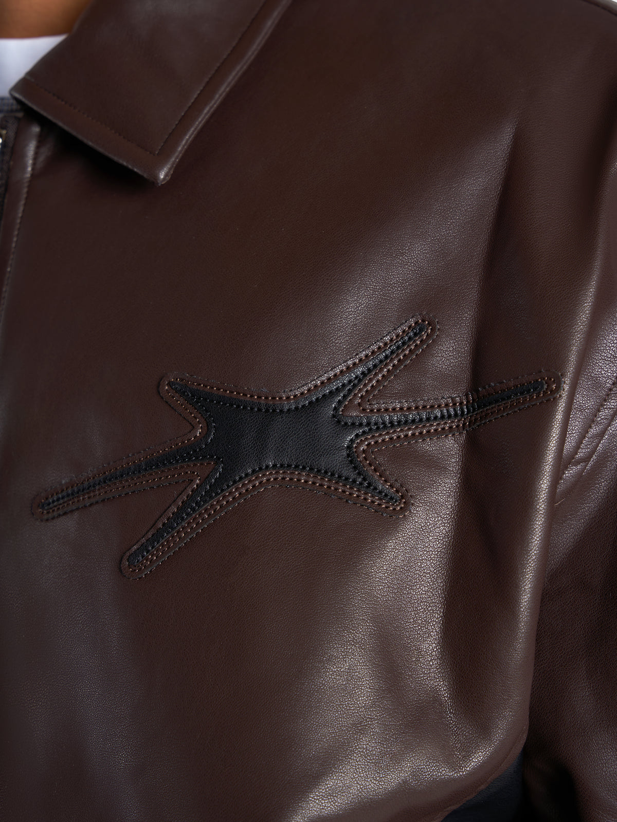 Faux Leather Bomber Jacket - Brown/Black