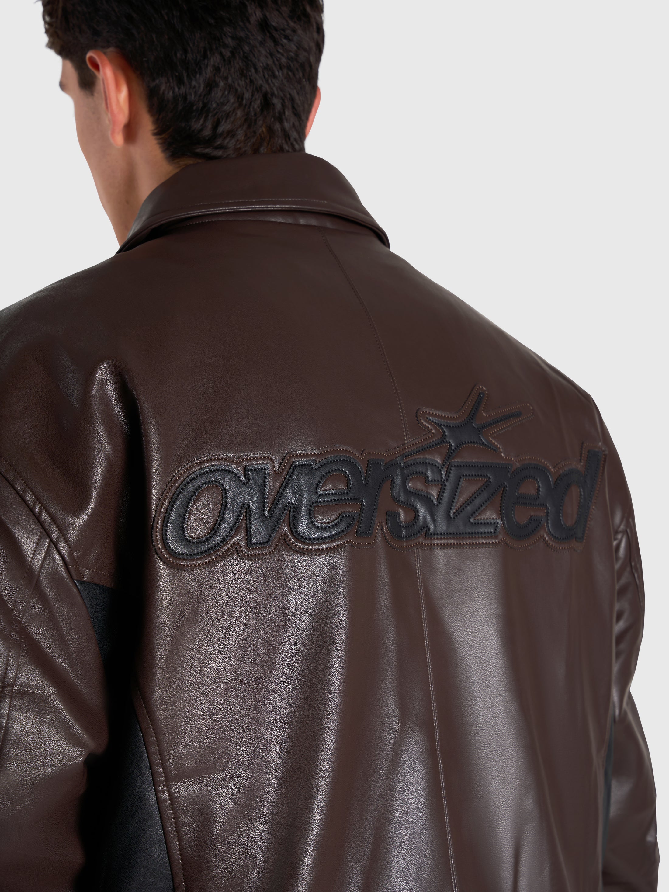 Faux Leather Bomber Jacket - Brown/Black