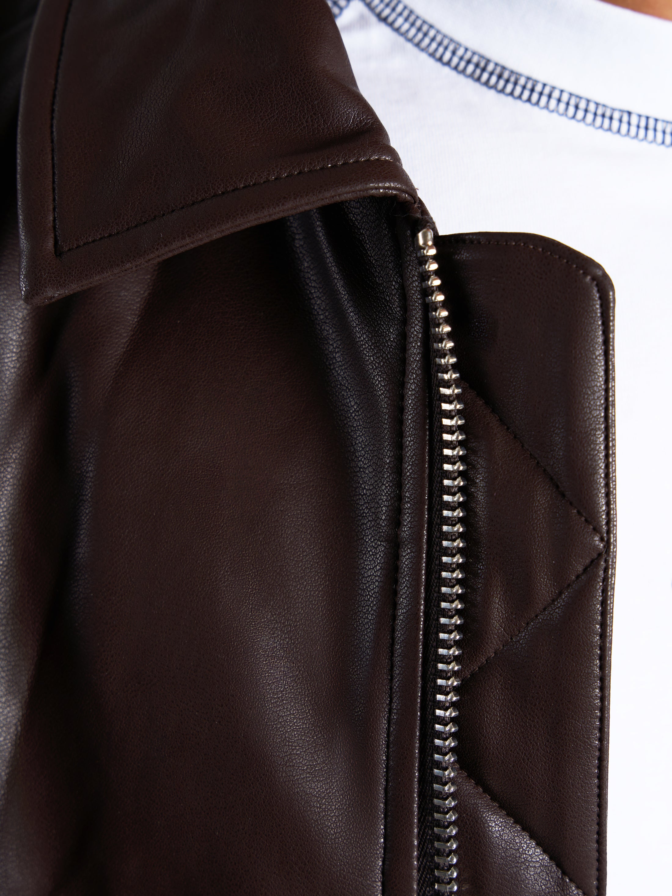 Faux Leather Bomber Jacket - Brown/Black