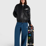 Faux Leather Bomber Jacket - Black/Navy