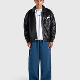 Faux Leather Bomber Jacket - Black/Navy