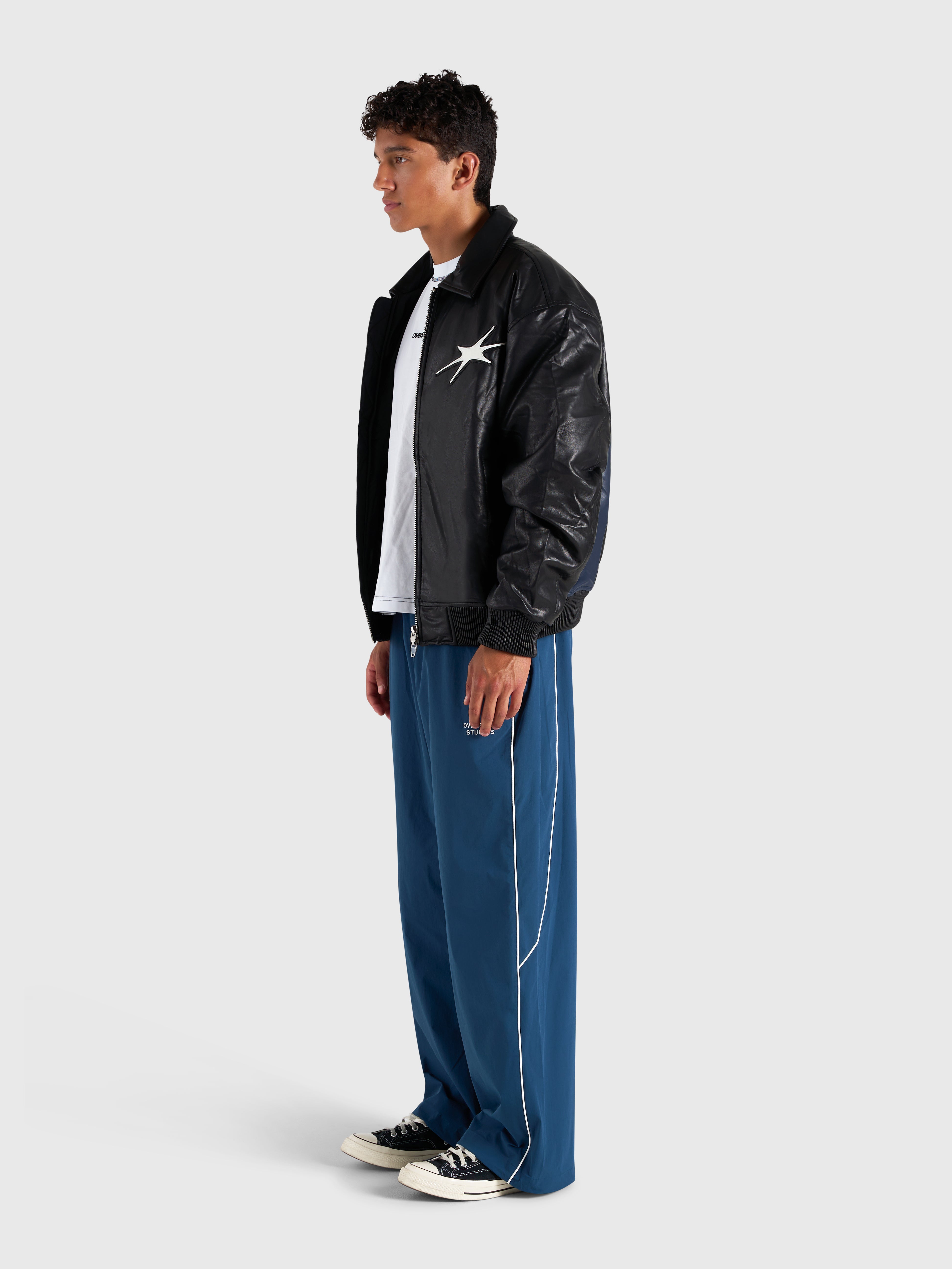 Faux Leather Bomber Jacket - Black/Navy