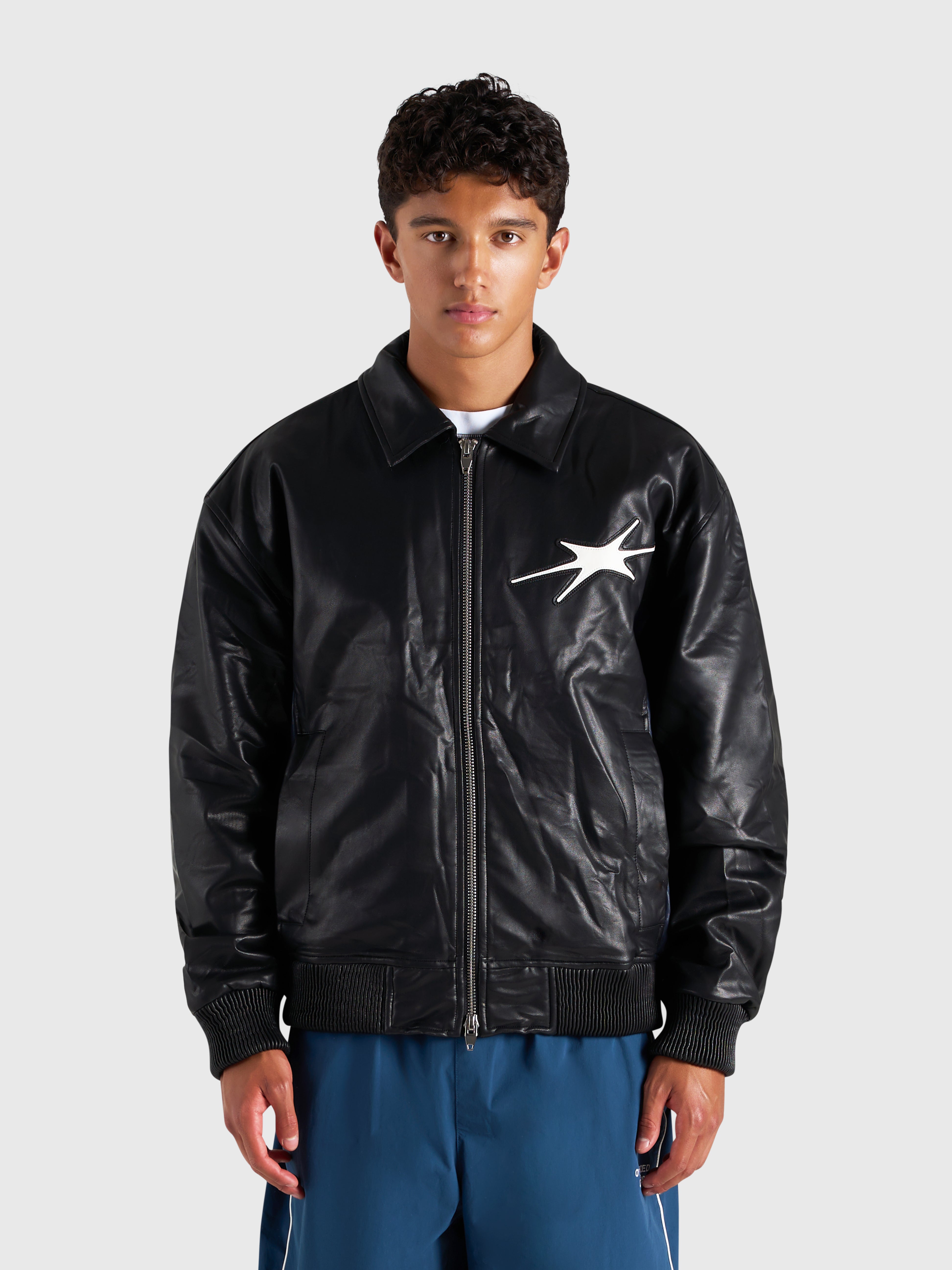Faux Leather Bomber Jacket - Black/Navy