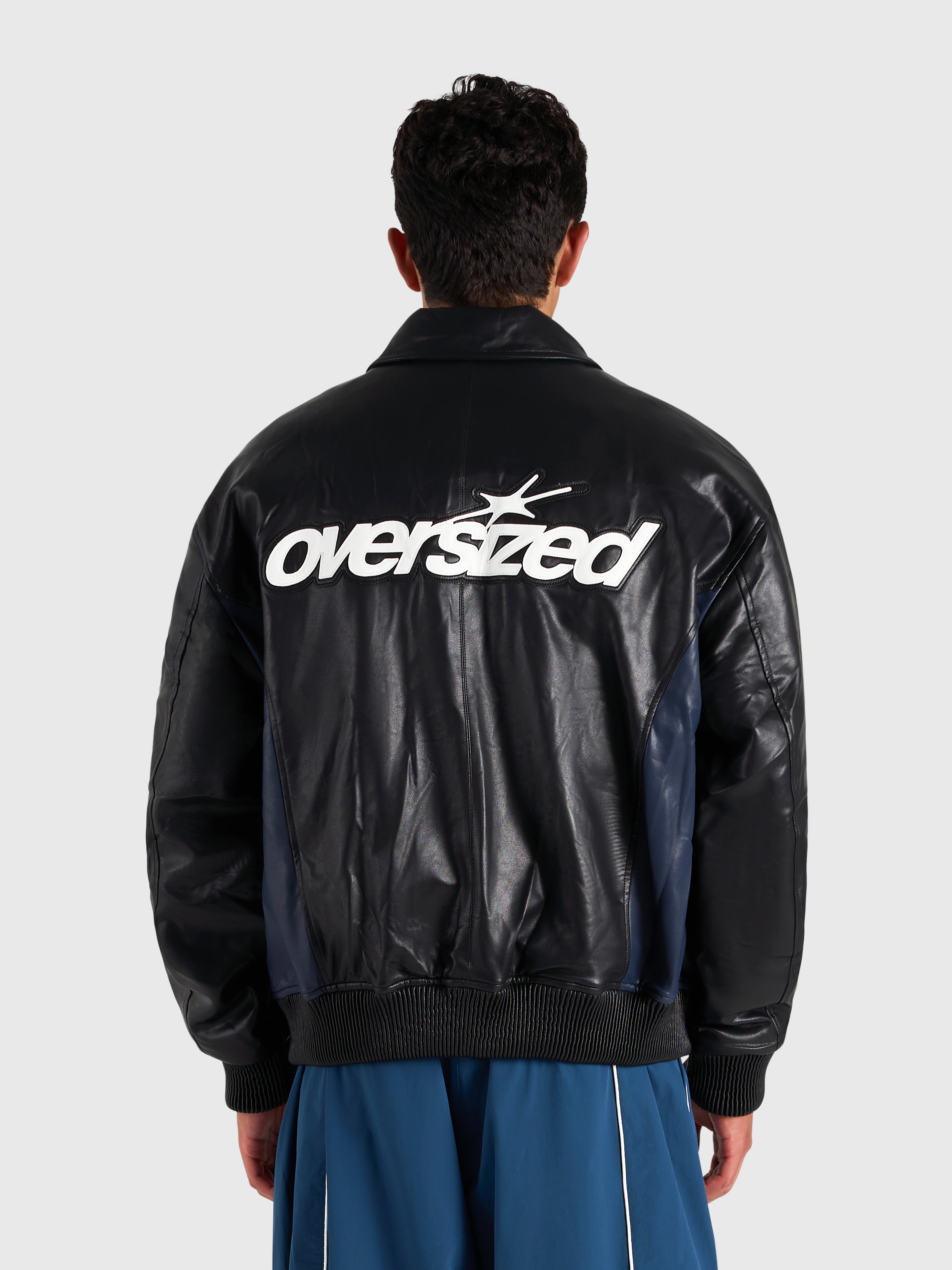 Faux Leather Bomber Jacket - Black/Navy