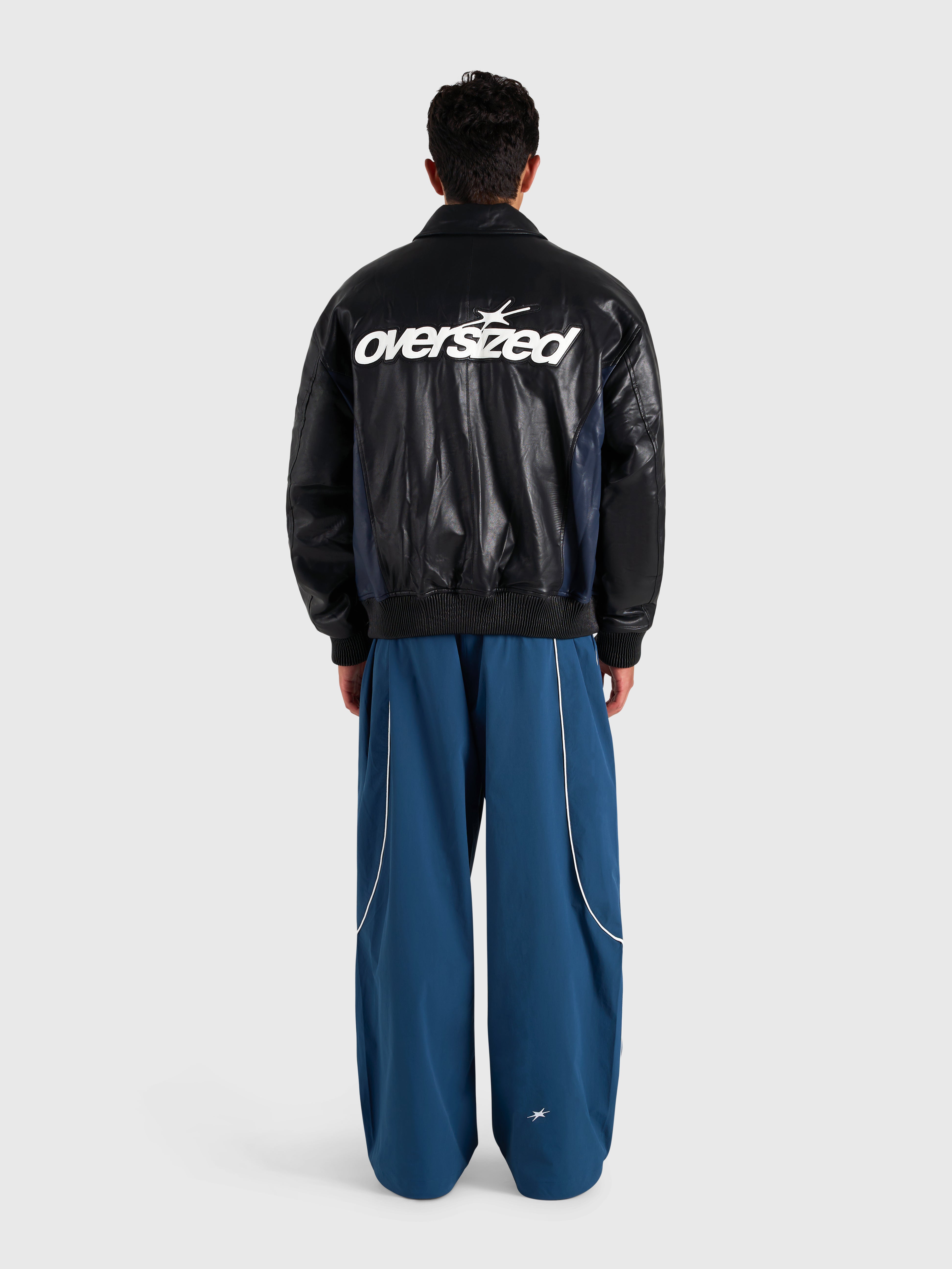 Faux Leather Bomber Jacket - Black/Navy