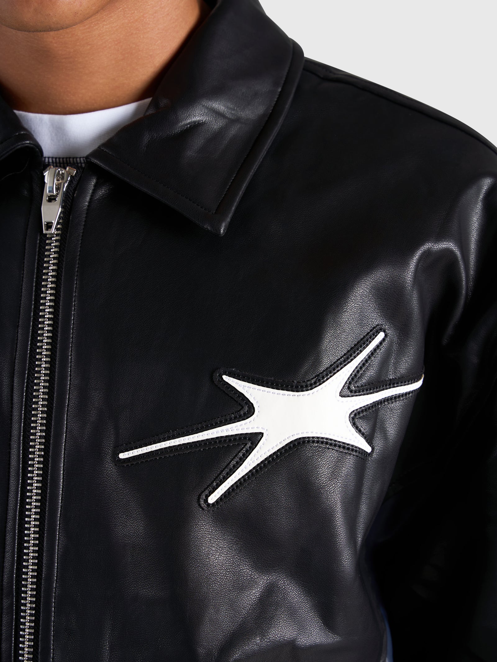 Faux Leather Bomber Jacket - Black/Navy