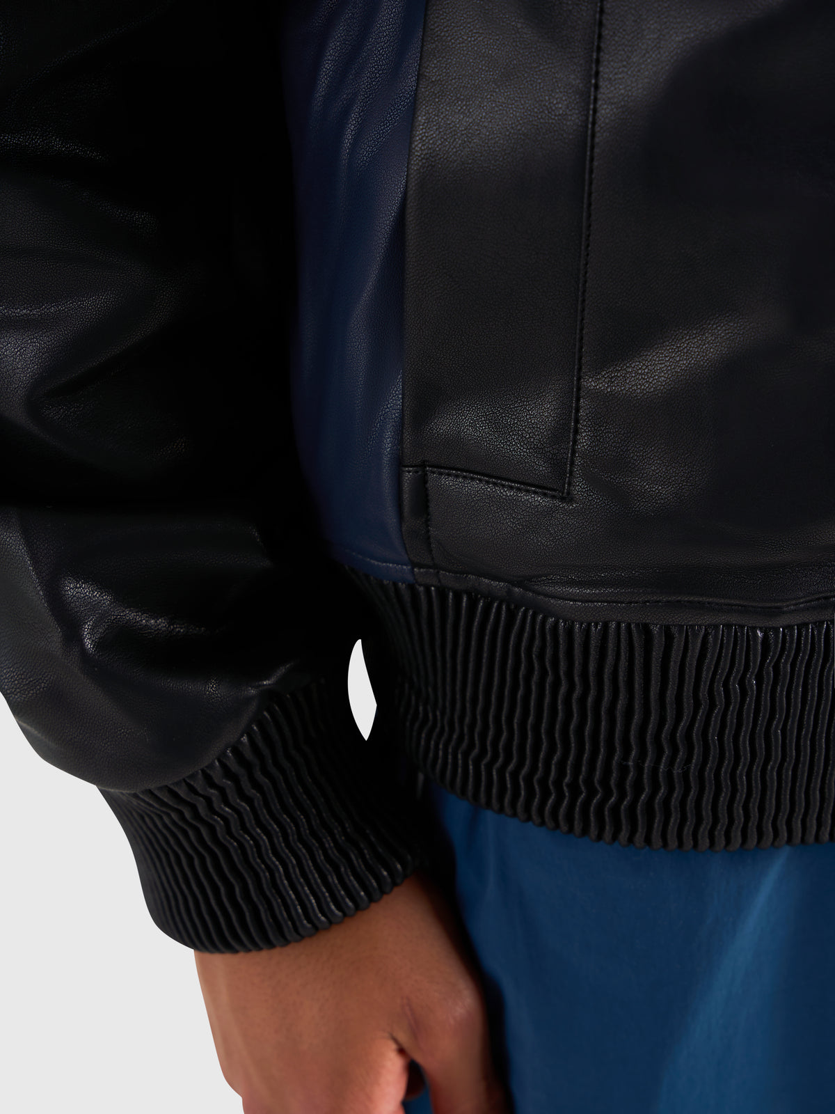 Faux Leather Bomber Jacket - Black/Navy