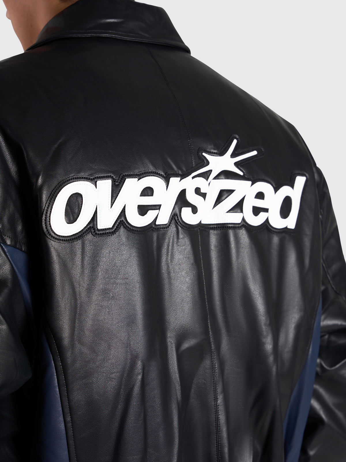 Faux Leather Bomber Jacket - Black/Navy