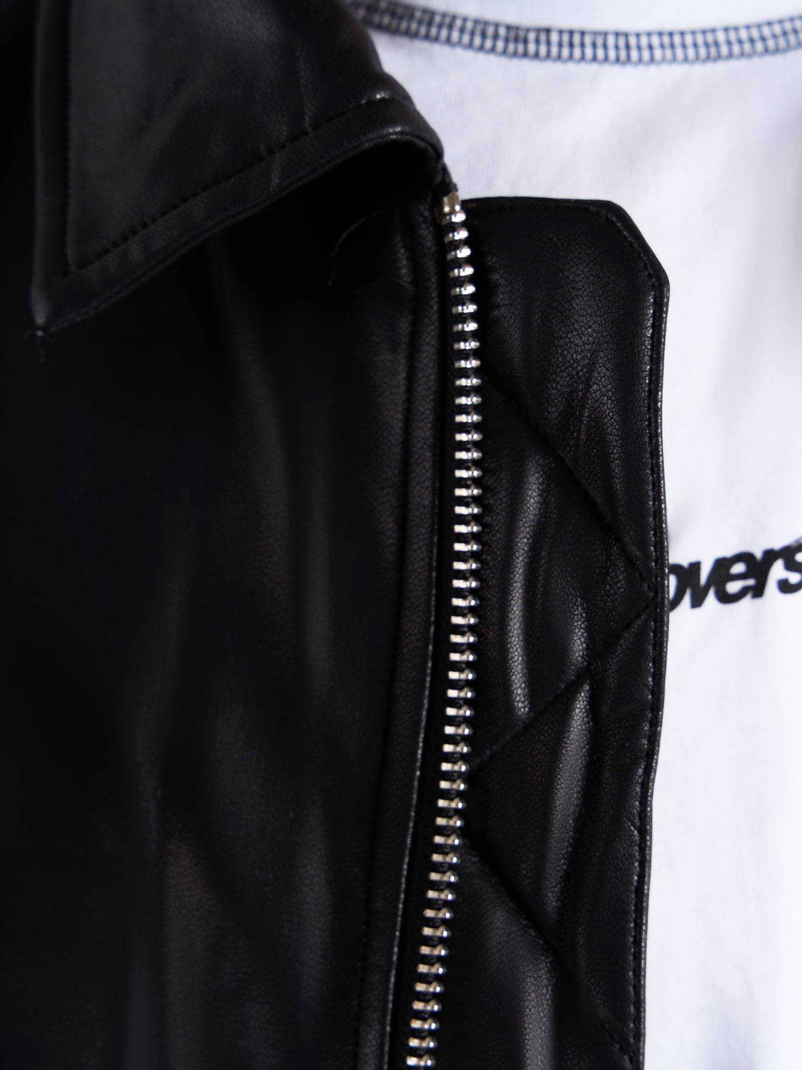 Faux Leather Bomber Jacket - Black/Navy