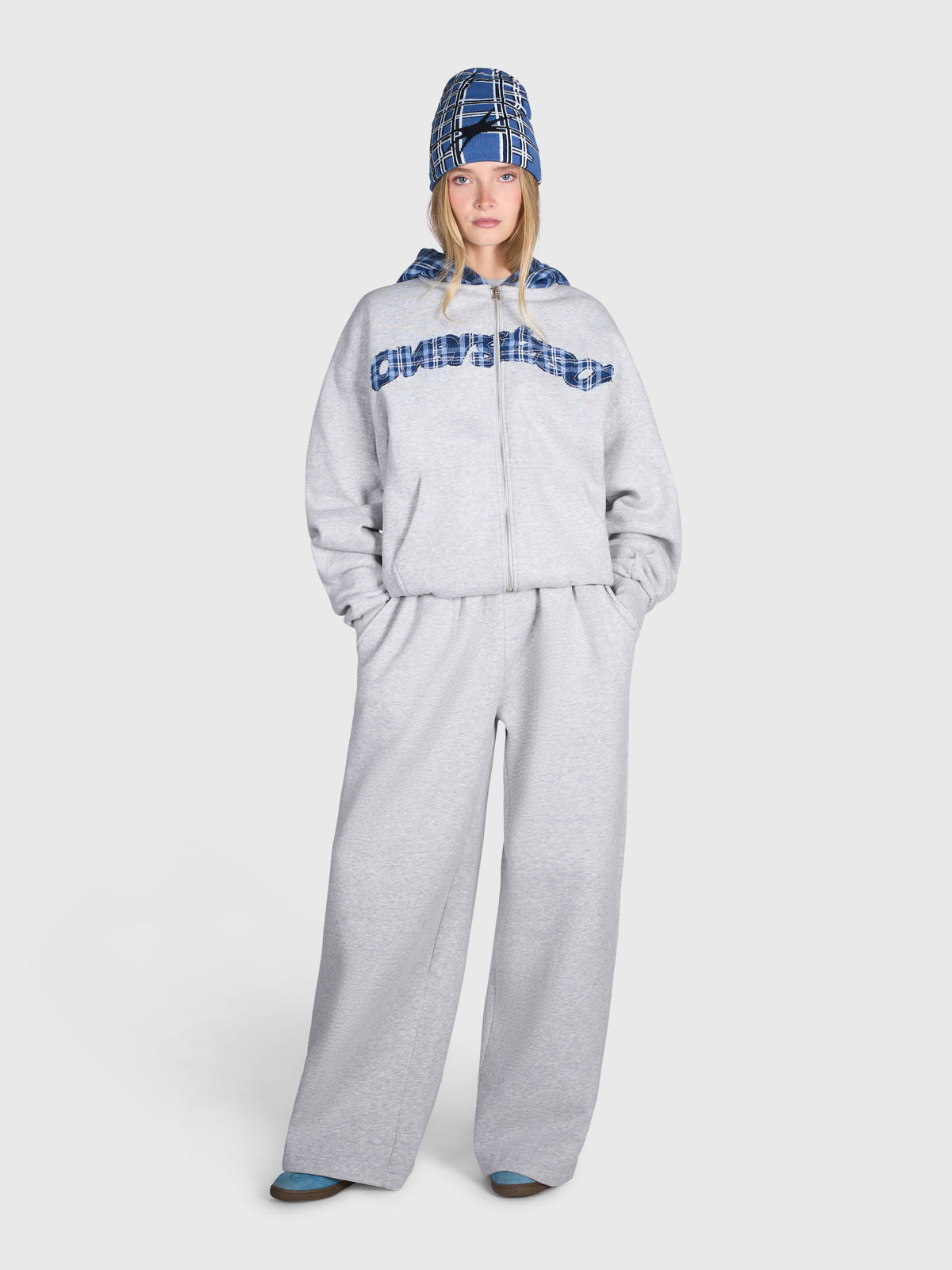 Tartan Applique Zip Hoodie - Cloudy Grey/Blue