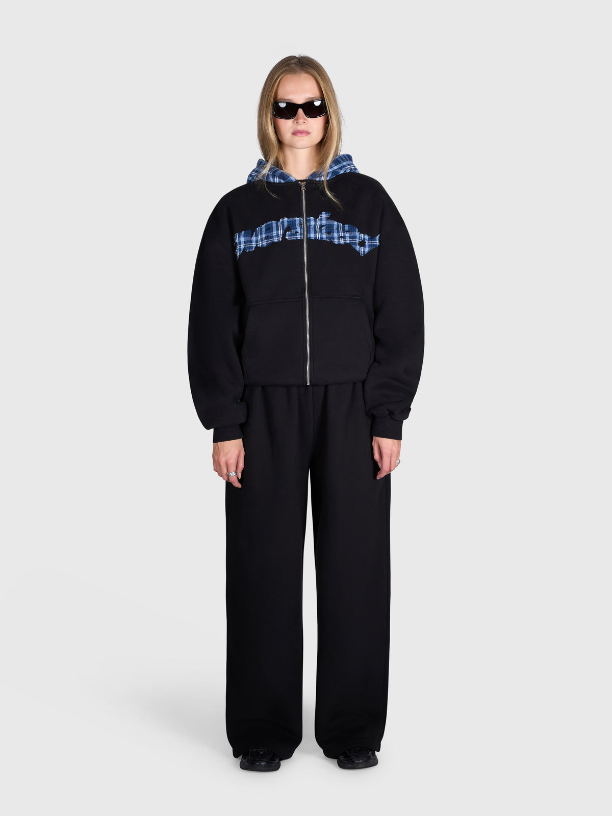 Tartan Applique Zip Hoodie - Black/Blue