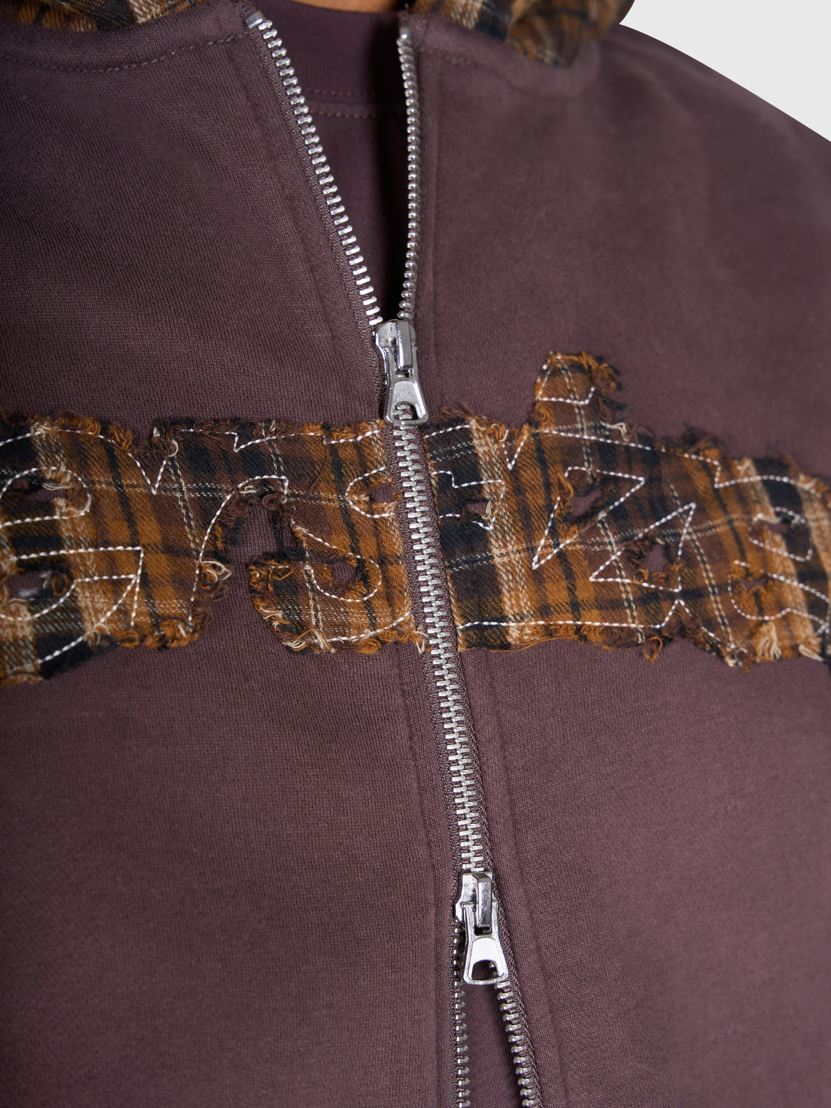 Tartan Appliqué Zip Hoodie - Brown/Brown