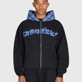 Tartan Applique Zip Hoodie - Black/Blue