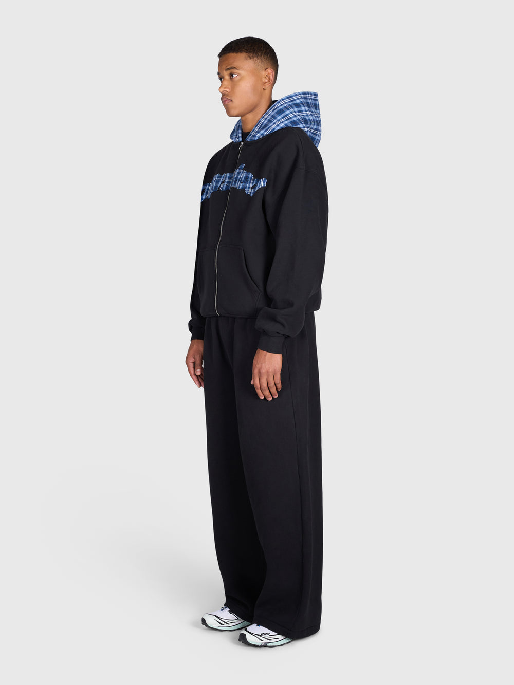 Tartan Applique Zip Hoodie - Black/Blue