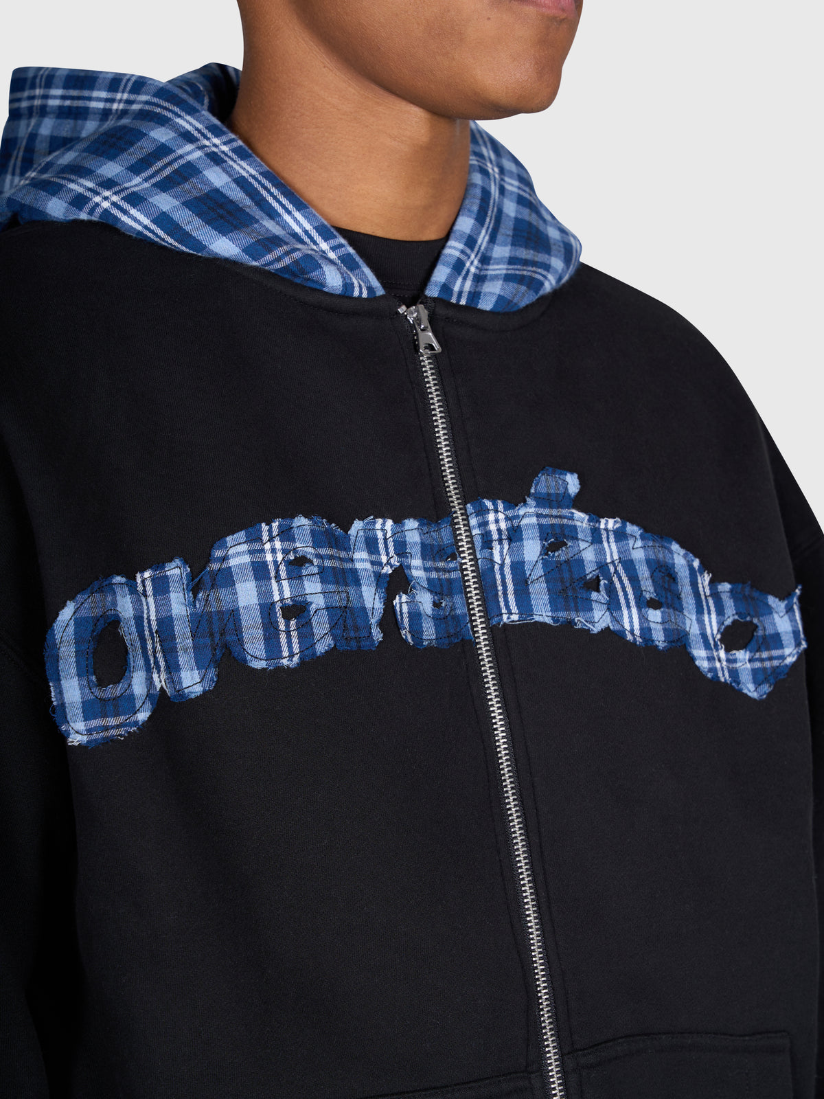 Tartan Applique Zip Hoodie - Black/Blue