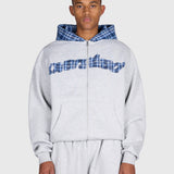 Tartan Applique Zip Hoodie - Cloudy Grey/Blue