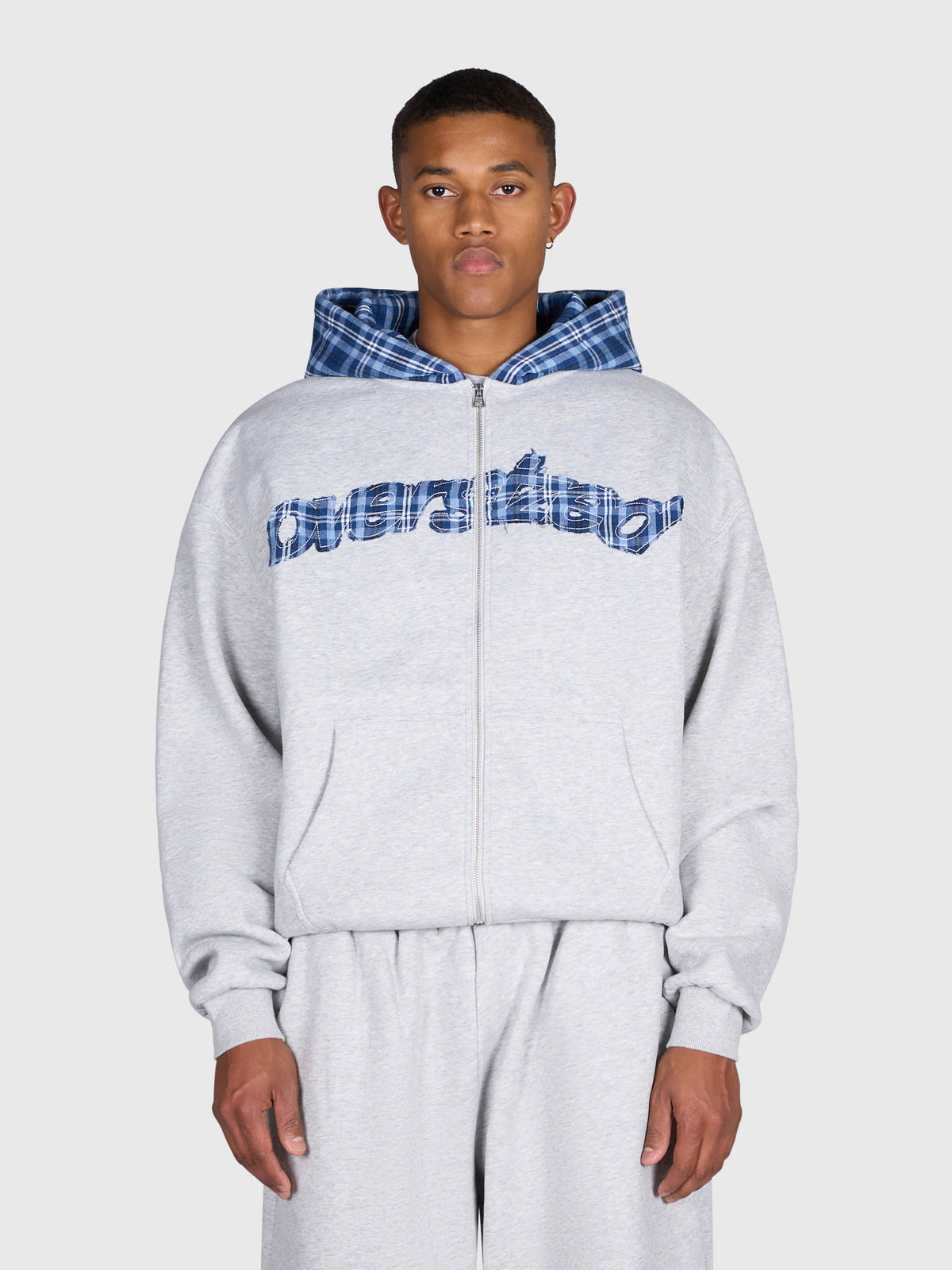 Tartan Applique Zip Hoodie - Cloudy Grey/Blue