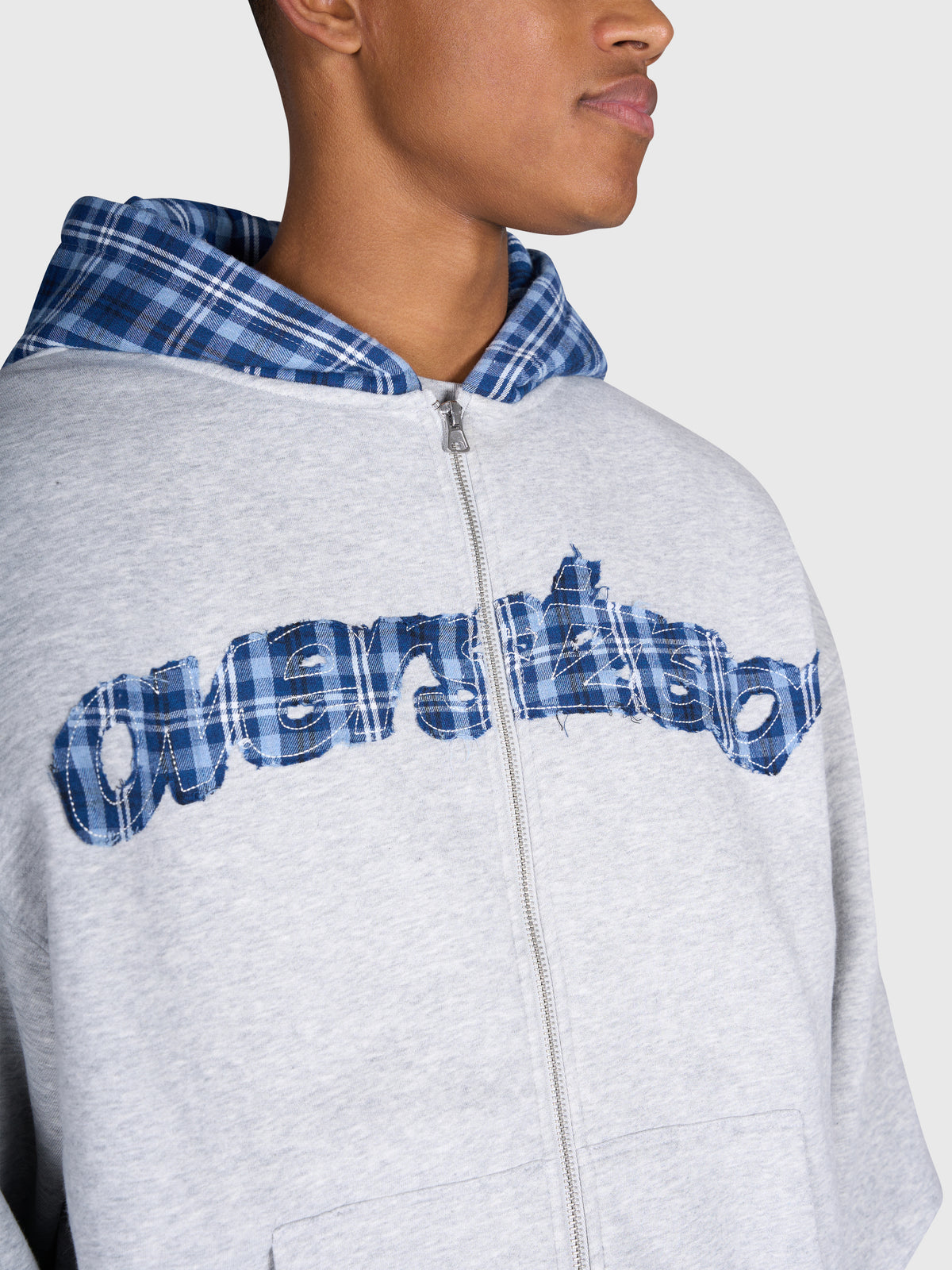 Tartan Applique Zip Hoodie - Cloudy Grey/Blue