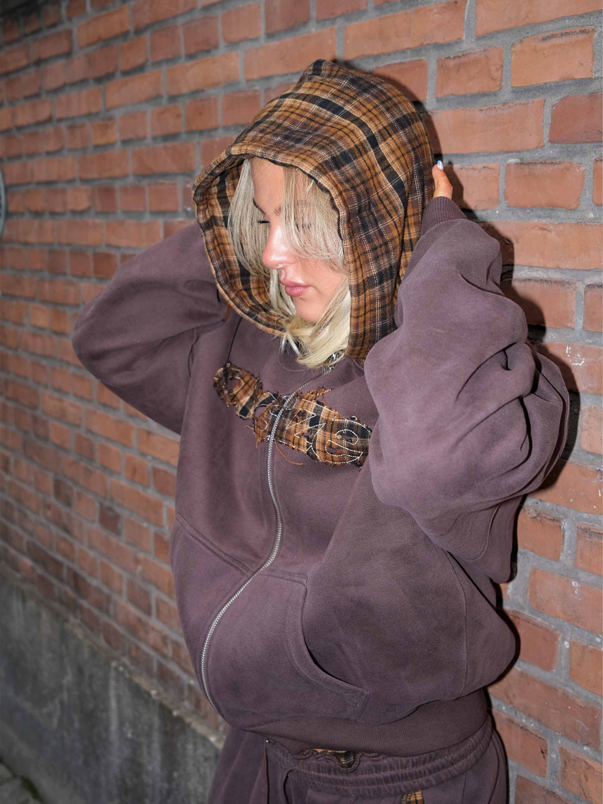 Tartan Appliqué Zip Hoodie - Brown/Brown
