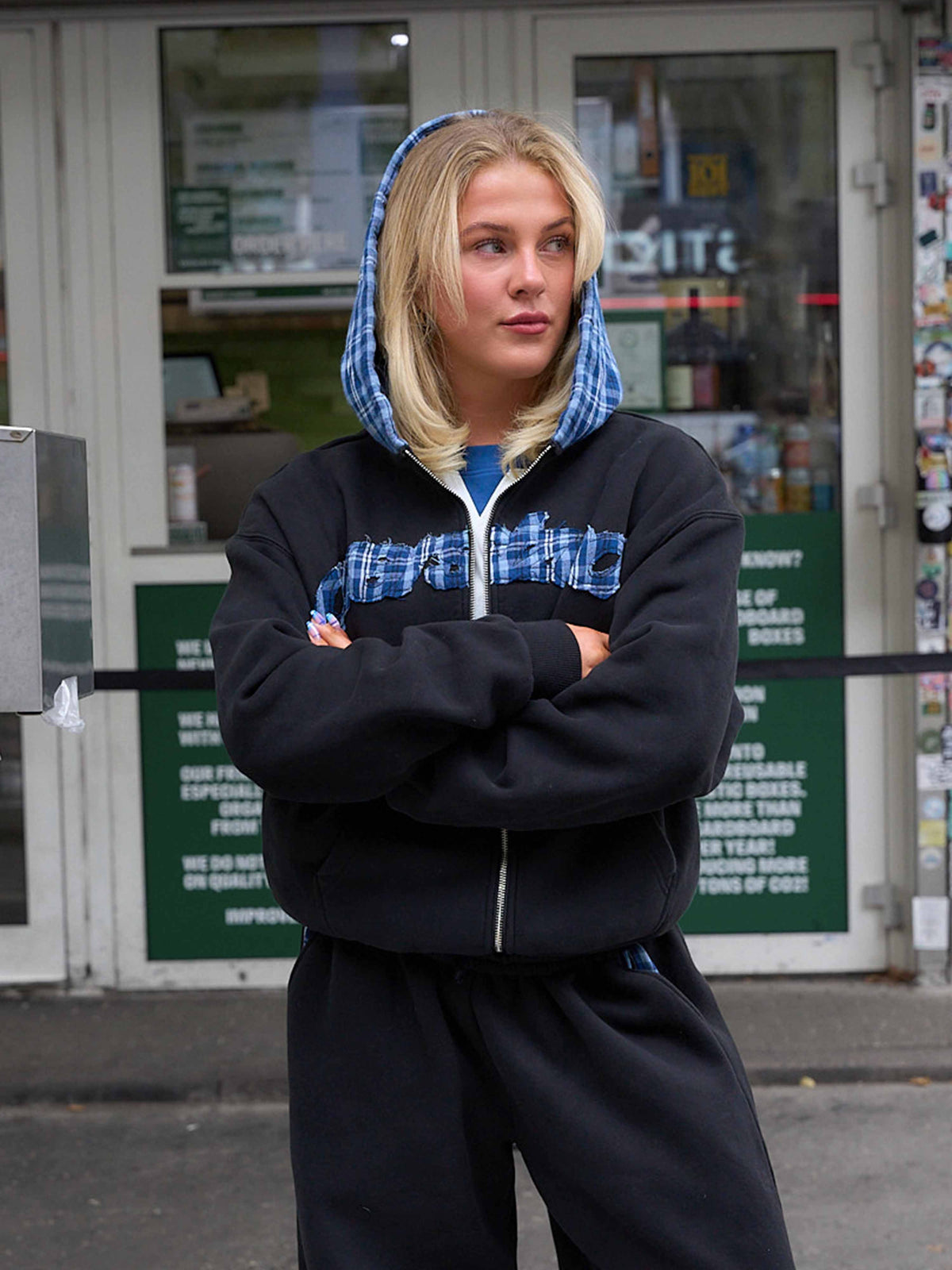 Tartan Applique Zip Hoodie - Black/Blue